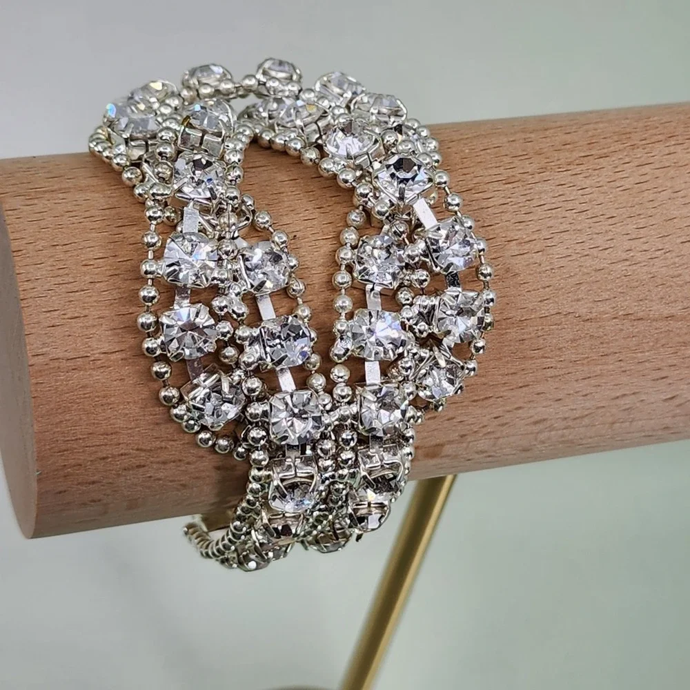 Vintage Clear Rhinestone Multi Row Bracelet Silver Tone Glam Statement Bridal